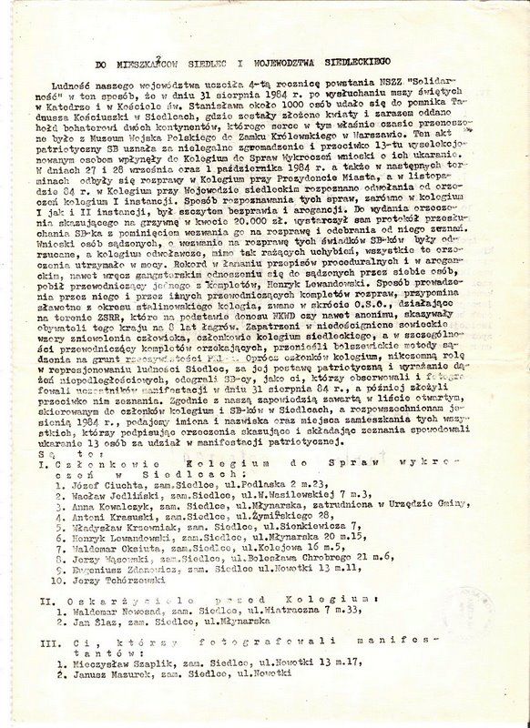 Odezwa „Do mieszkańców Siedlec i województwa siedleckiego”